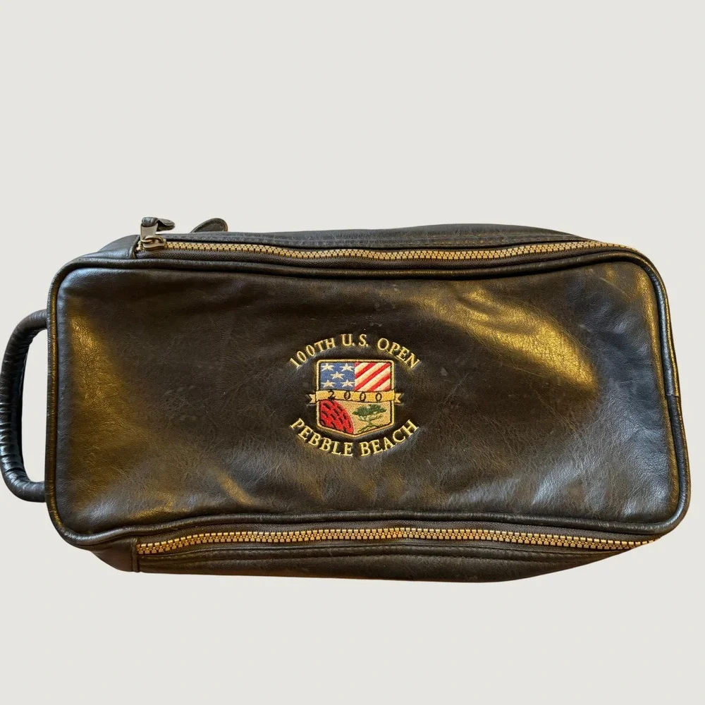 Pebble Beach Shoe Bag Mens OS Black Excellent 100th US Open 2000 Leather Plaid